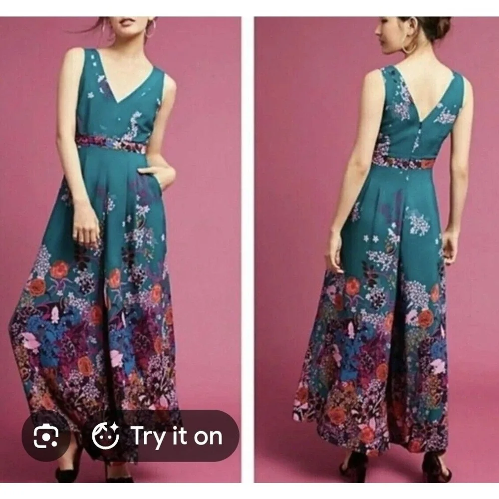 Anthropologie Maeve Floral Wide Leg Jumpsuit Teal Blue Sleeveless Sz 12 Boho